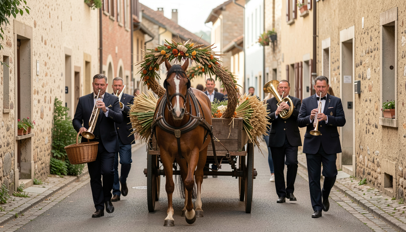 Ein Festzug mit Erntekranz und geschmücktem Wagen zieht durch eine Dorfstraße, Blasmusiker gehen am Rand mit.