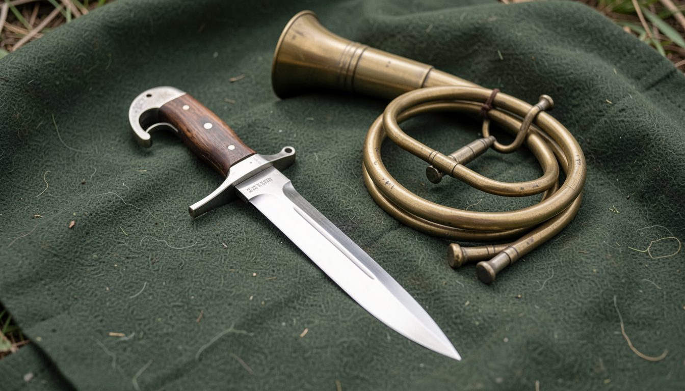 Ein Hirschfänger mit breiter Klinge und geschwungenem Kropf liegt auf grünem Jagdtuch neben einem Parforcehorn.