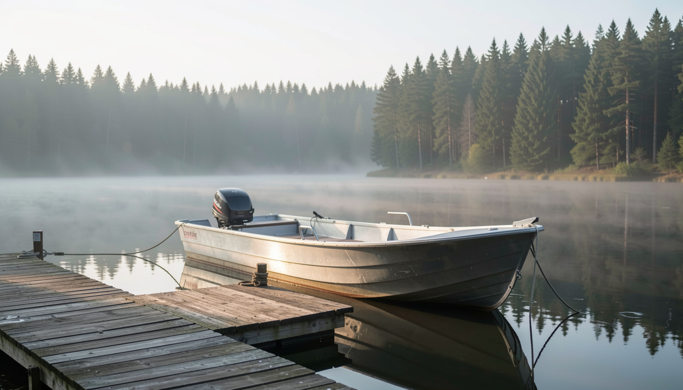 Ein Aluminiumboot liegt an einem hölzernen Steg auf einem stillen See, dahinter dichter Nadelwald im Morgendunst.