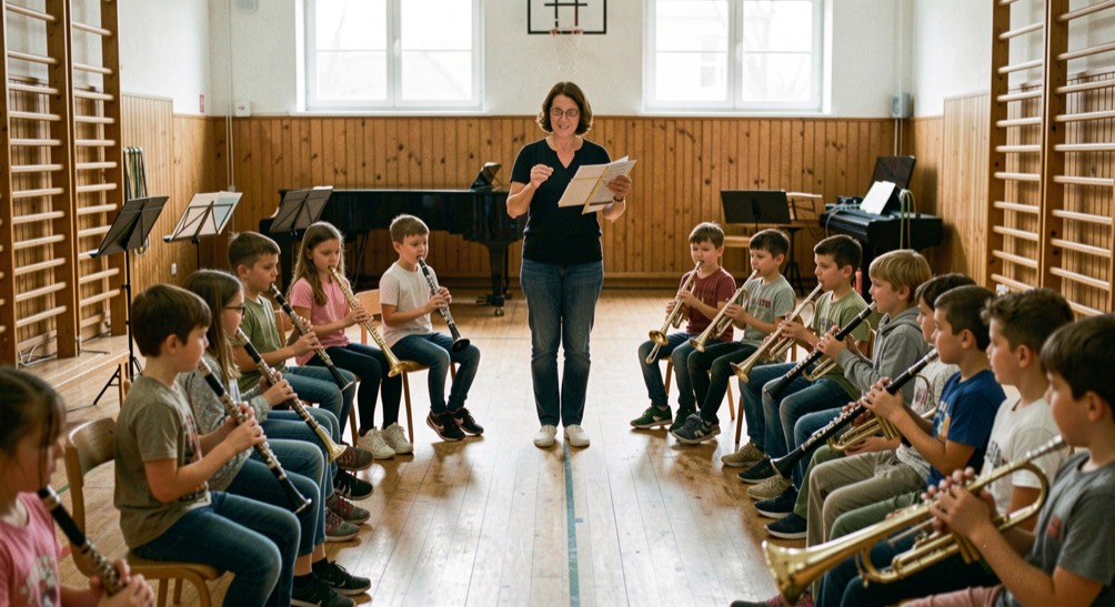Kinderprobe im Vereinssaal, junge Musiker mit Flöten und Trompeten sitzen im Halbkreis vor der Dirigentin.